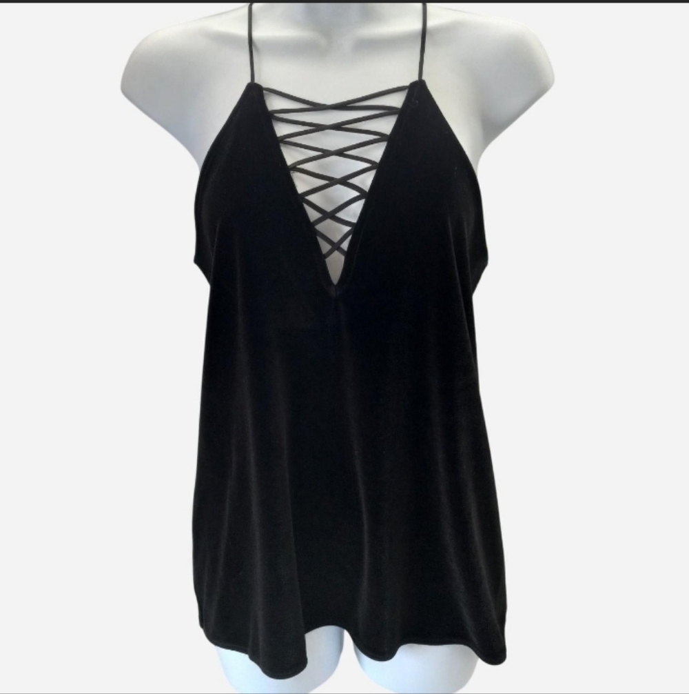 Vintage Express Velvet Criss Cross Whimsy Goth Halter Tank Top